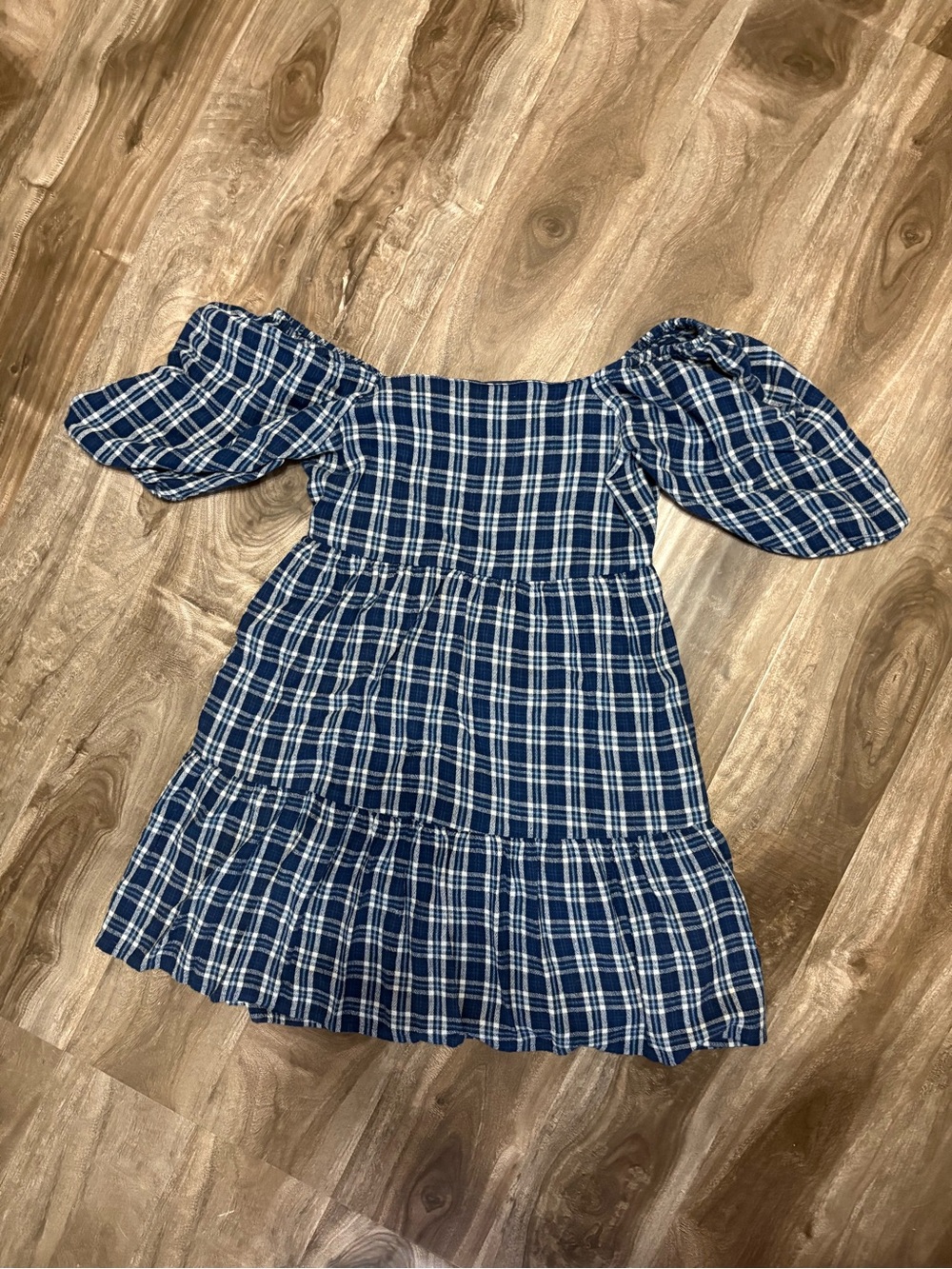 American Eagle Outfitters Navy and White Plaid Off-Shoulder Dress